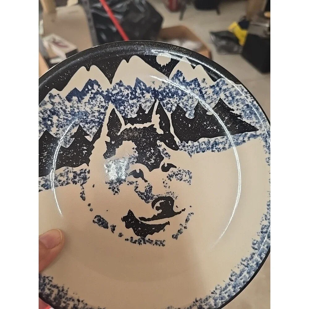 Set of 5 VTG WOLF by TIENSHAN FOLK CRAFT 7 5/8' Salad Dessert Plates Blue**READ*